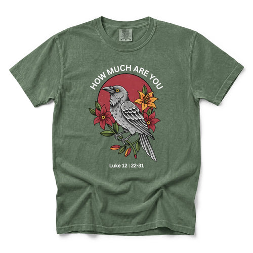 An moss short-sleeve t-shirt with a graphic print of a bird, flowers, and the text 'HOW MUCH ARE YOU Luke 12:22-31' on the front, displayed against a plain white background.