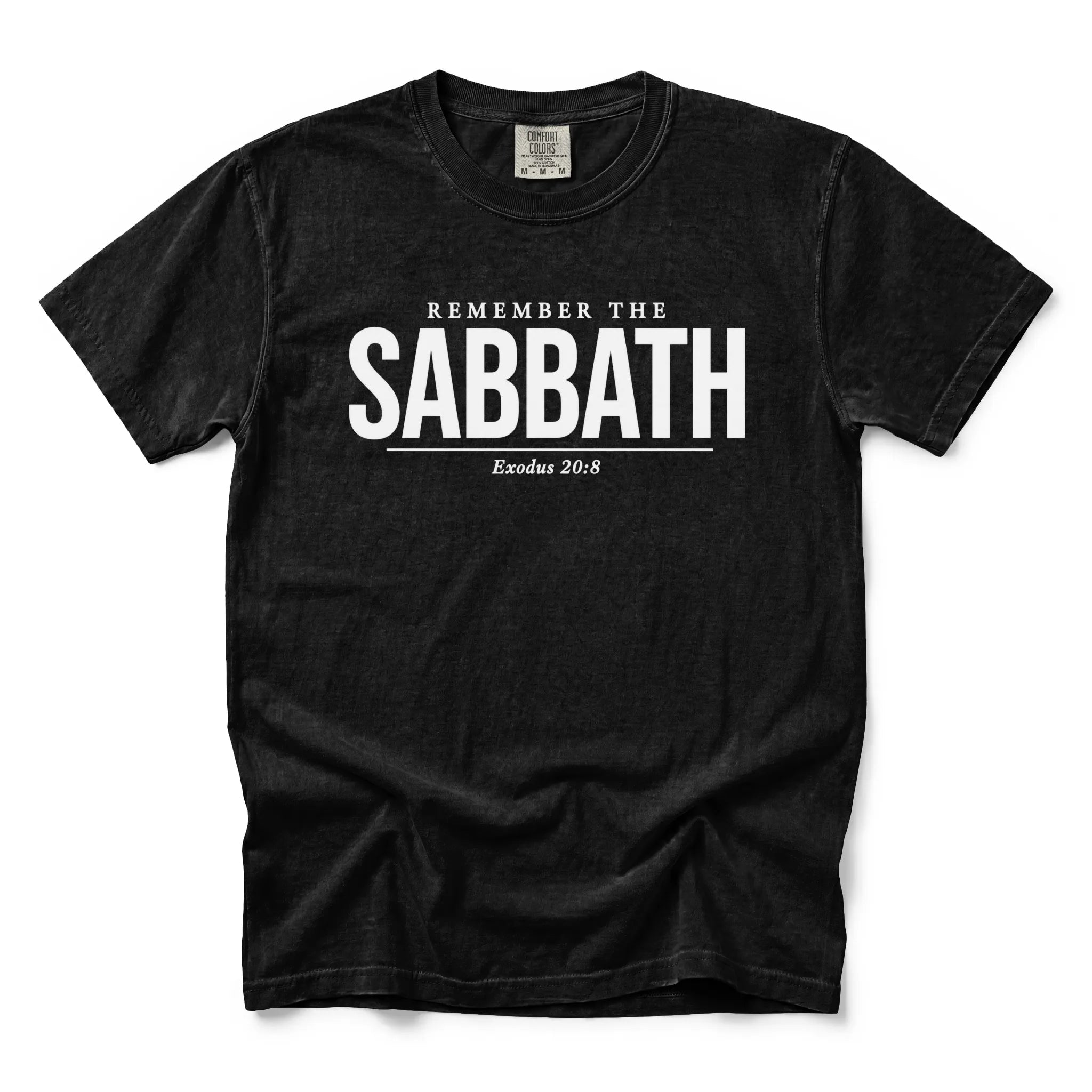 A black short-sleeve crewneck t-shirt with a white graphic print on the chest reading 'REMEMBER THE SABBATH' and 'Exodus 20:8'.