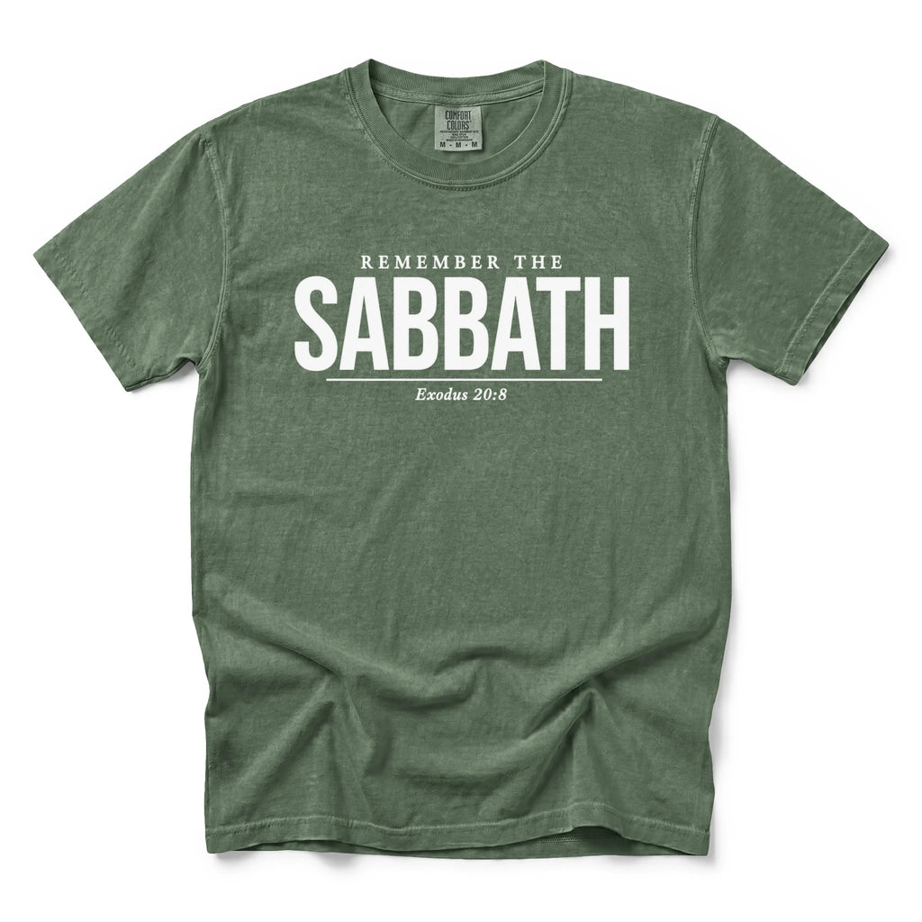 A moss colour crewneck t-shirt with 'REMEMBER THE SABBATH' printed in white across the chest, displayed flat against a white background.