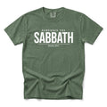 A moss colour crewneck t-shirt with 'REMEMBER THE SABBATH' printed in white across the chest, displayed flat against a white background.
