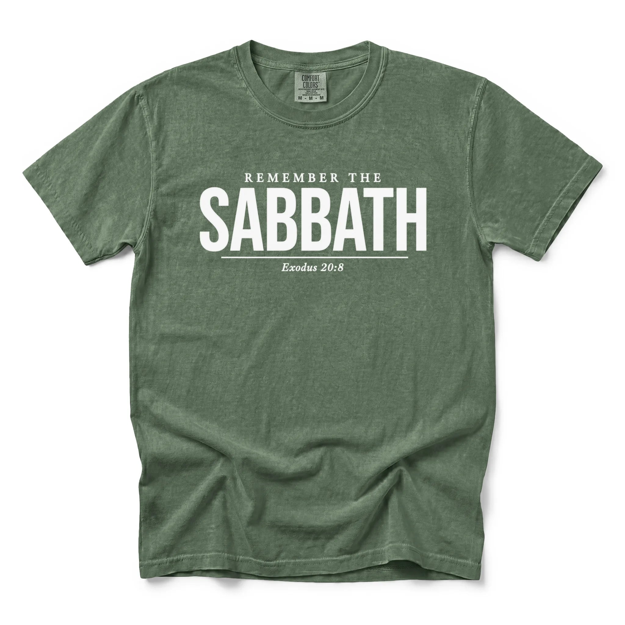 A moss colour crewneck t-shirt with 'REMEMBER THE SABBATH' printed in white across the chest, displayed flat against a white background.