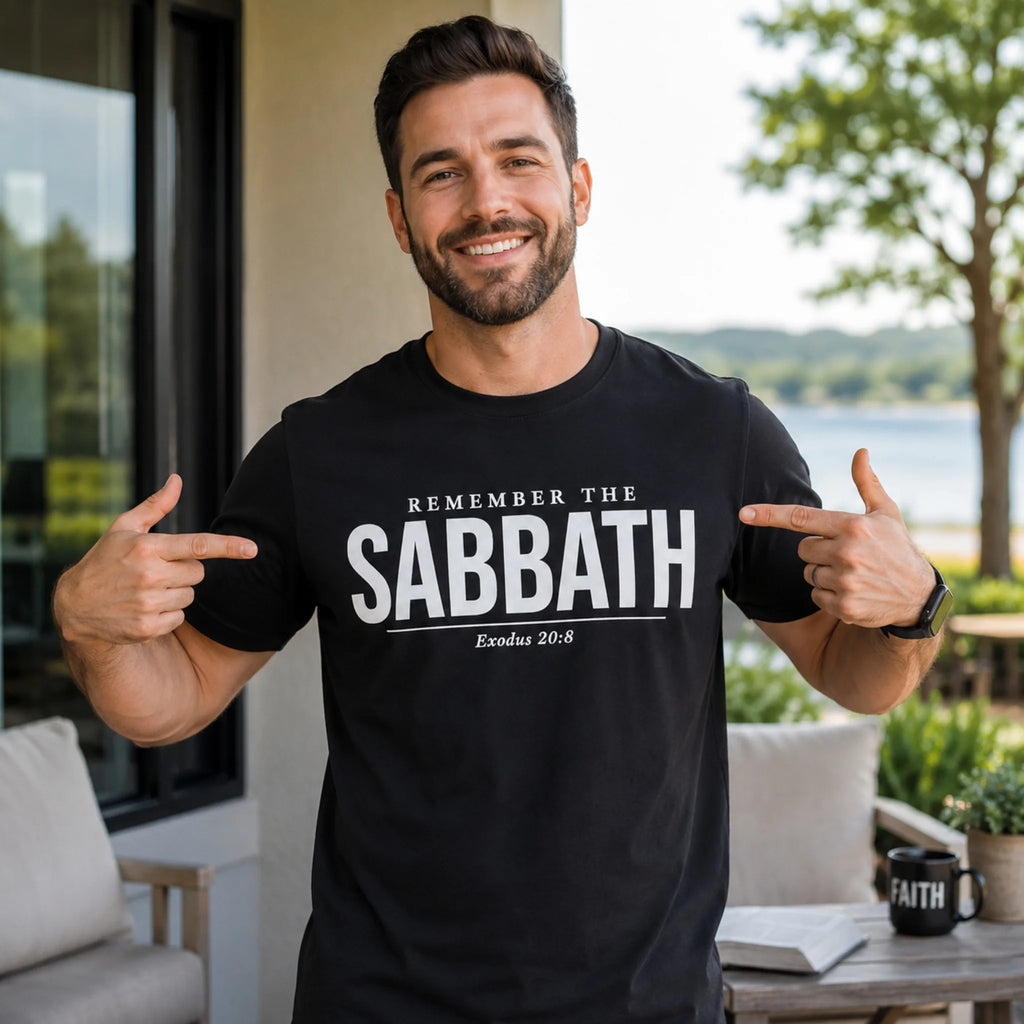 A smiling man wearing a black graphic t-shirt with white text that reads 'REMEMBER THE SABBATH Exodus 20:8' points to the text with both hands, set against an outdoor patio background with a lake and trees.
