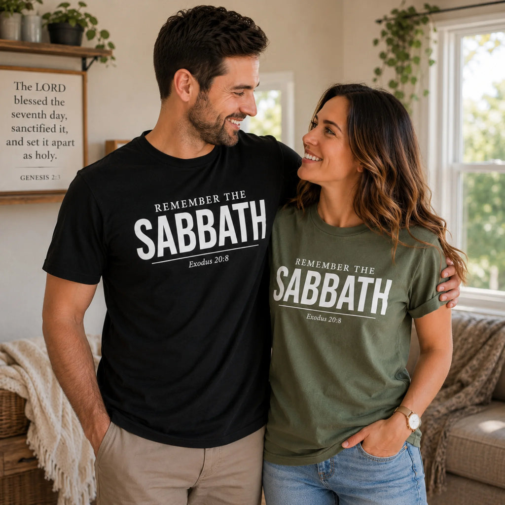 Husband and wife standing together in a bright living room, each wearing a graphic T-shirt with the text 'REMEMBER THE SABBATH Exodus 20:8'. The man wears a black shirt and the woman wears a moss colour shirt